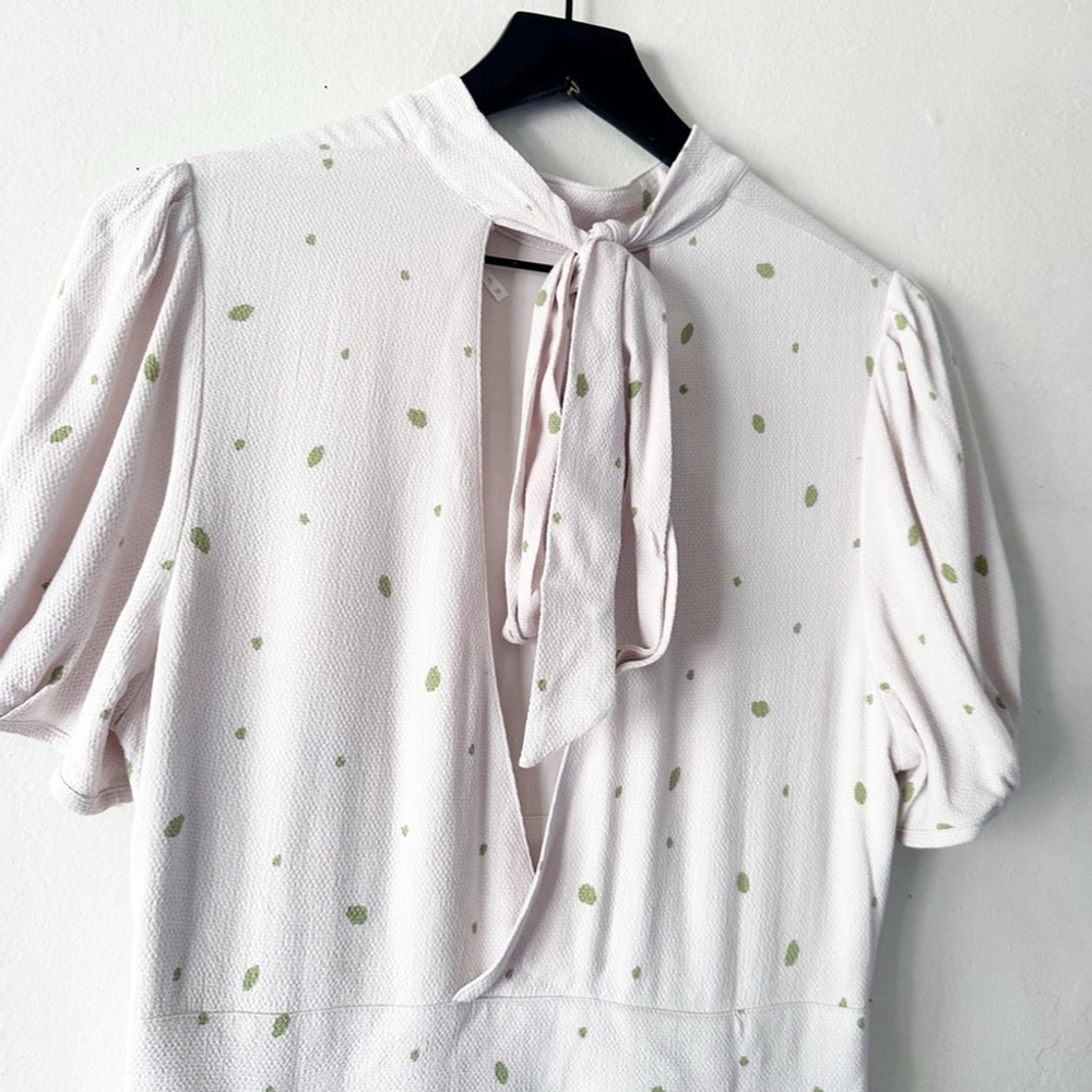 Free People x Revolve Abbie Mini Dress Cream Green Dot Bow Tie Puff Sleeve Size - Picture 7 of 12